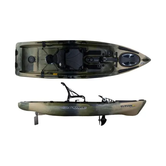 The Native Watercraft Titan Propel 10.5 fishing kayak in hidden oak color. Available at Riverbound Sports Paddle Company in Tempe, Arizona.