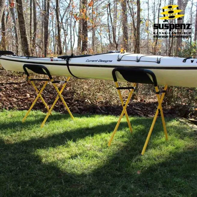 Suspenz Heavy Duty kayak and canoe stands with kayak. Available at Riverbound Sports Paddle Company in Tempe, Arizona.