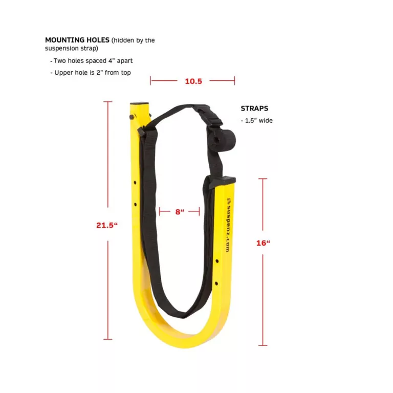 Suspenz EZ Rack SUP storage in yellow specs. PN: 11-0701 Available at Riverbound Sports in Tempe, Arizona.