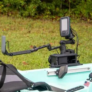 Fish finder and GPS mounted on kayak using the YakAttack 10ah battery power kit. Available at Riverbound Sports in Tempe, Arizona.