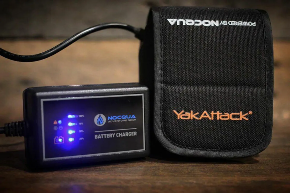 YakAttack NOCQUA 10ah battery charger with lit display and carrying case. Available at Riverbound Sports in Tempe, Arizona.