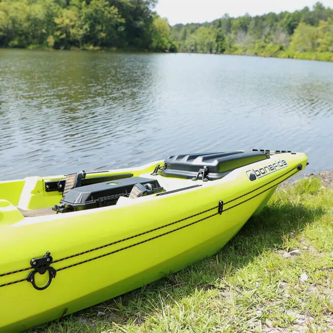 YakAttack LeverLoc Anchor Trolley HD on bright yellow Bonafide fishing kayaks. Available at Riverbound Sports in Tempe, Arizona.