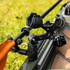 YakAttack Side Track Mount with paddle holder and fishing rod holder. Available at Riverbound Sports in Tempe, Arizona.