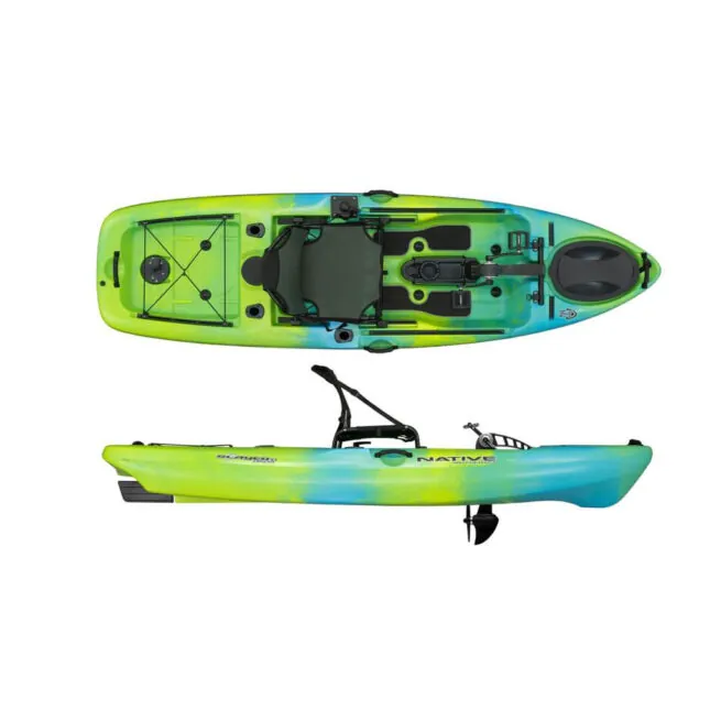Native Watercraft Slayer 10 Propel fishing kayak in sublime color split view. Available at Riverbound Sports Paddle Company in Tempe, Arizona.