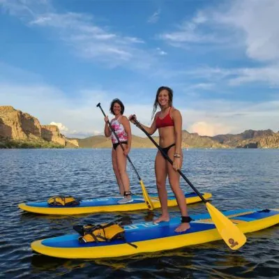 Paddleboarders on Saguaro lake. Riverbound Sports paddleboard rental.