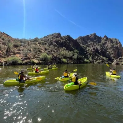 Group kayaking Saguaro Lake. Riverbound Paddle Company Tour