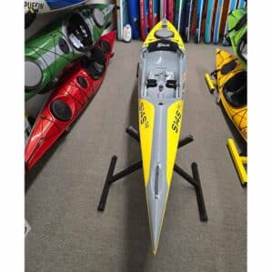 Stellar S14S Advantage Sit on top performance kayak in yellow and grey and Riverbound Sports.