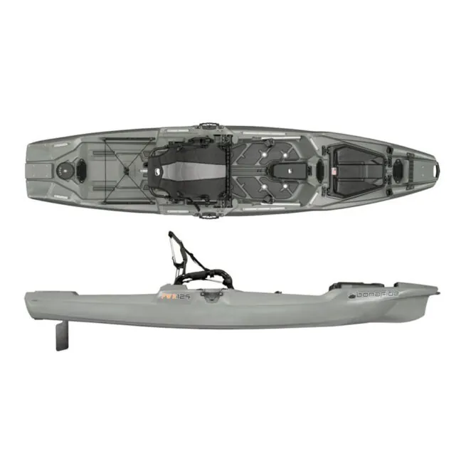 Bonafide kayaks PWR129 fishing kayak in top gun grey color split image. Riverbound Sports Paddle Company