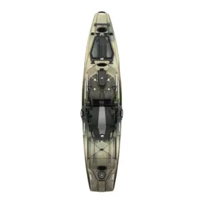 Bonafide Kayaks PWR129 in camo color standing up right. Riverbound Sports Paddle Company