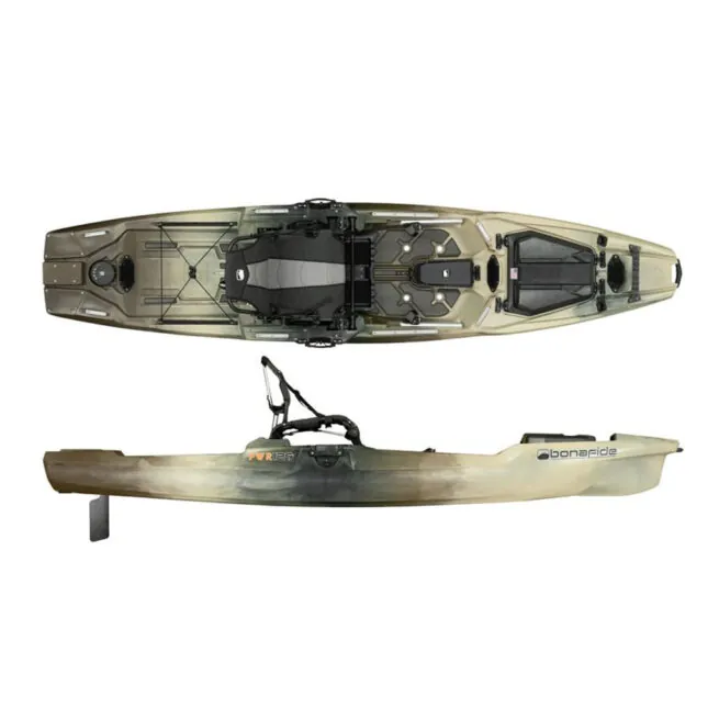 Bonafide kayaks PWR129 fishing kayak in camo color split image. Riverbound Sports Paddle Company