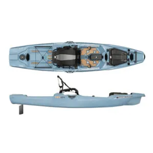 Bonafide kayaks PWR129 fishing kayak in steel color split image. Riverbound Sports Paddle Company