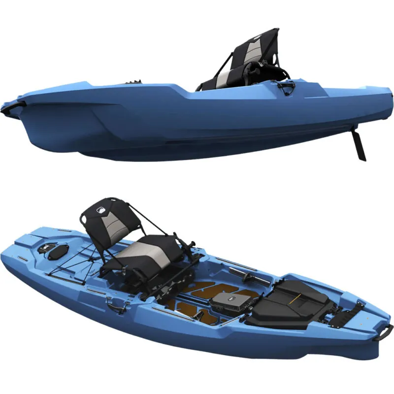 Bonafide kayaks PWR129 fishing kayak in blue color split image top and bottom. Riverbound Sports Paddle Company