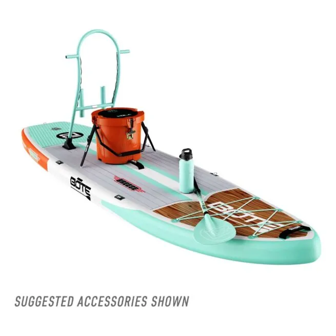 Bote Breeze 11'6" Stand-up paddleboard with accessories displayed.