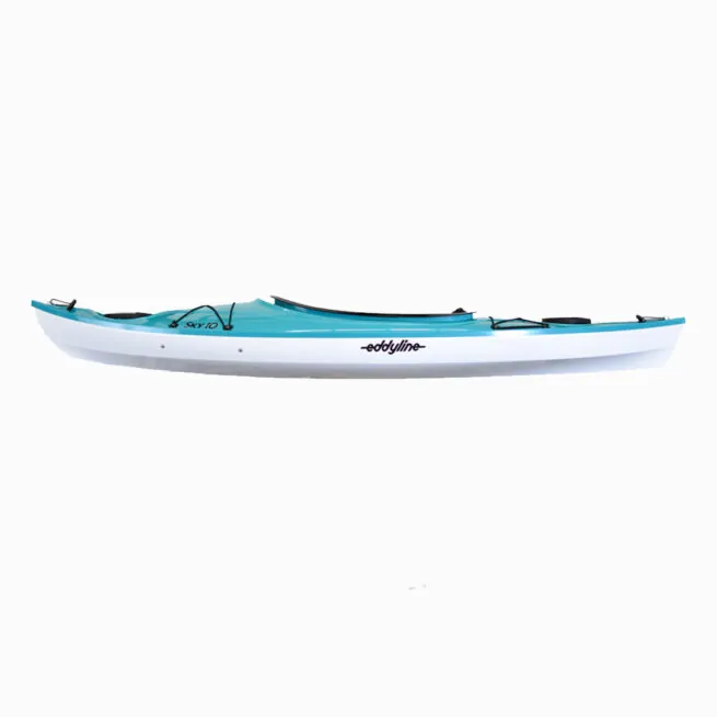 Eddyline Sky 10 sit on top kayak side view with white haul and teal deck. Riverbound Sports Paddle Company.