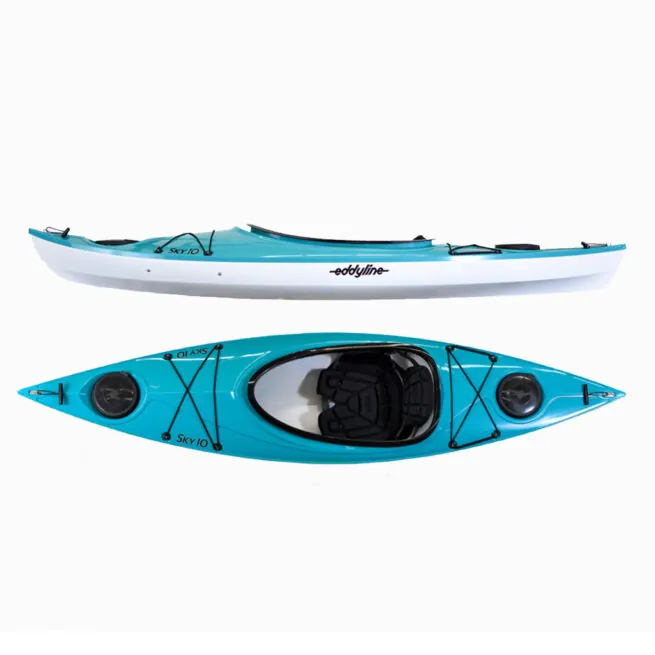 Eddyline Sky 10 sit on top kayak side and top view with white haul and teal deck. Riverbound Sports Paddle Company.