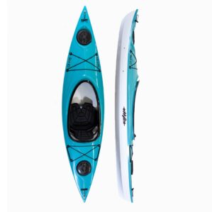 Eddyline Sky 10 sit on top kayak side and top view with white haul and teal deck. Riverbound Sports Paddle Company.