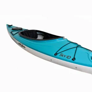Eddyline Sky 10 sit on top kayak top view with white haul and teal deck. Riverbound Sports Paddle Company.