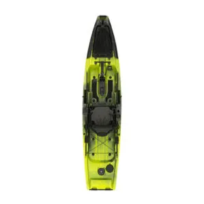 Overhead view of the Native Watercraft Slayer Propel Max 12.5 fishing kayak in gator green. Riverbound Sports Paddle Company