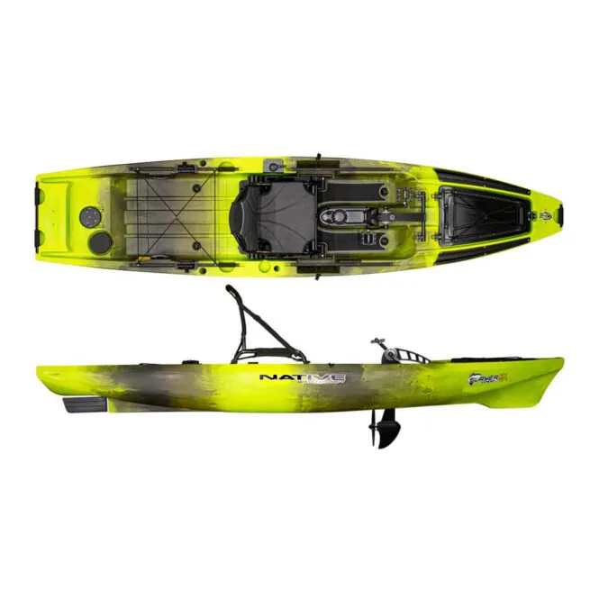 Split view top and side of the Native Watercraft Slayer Max 12.5 in gator green green fishing kayak. Riverbound Sports Paddle Company