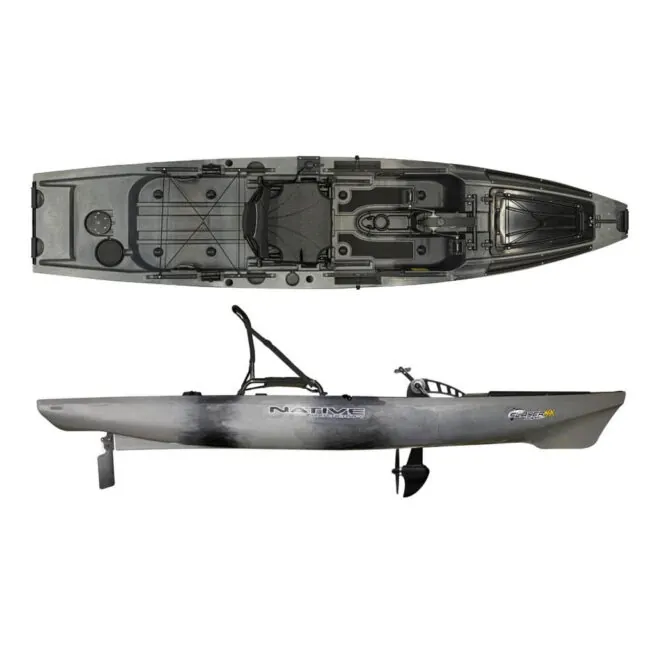 Split view top and side of the Native Watercraft Slayer Max 12.5 in gator grey goose fishing kayak. Riverbound Sports Paddle Company