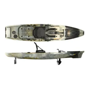 Split view top and side of the Native Watercraft Slayer Max 12.5 in gator hidden oak fishing kayak. Riverbound Sports Paddle Company