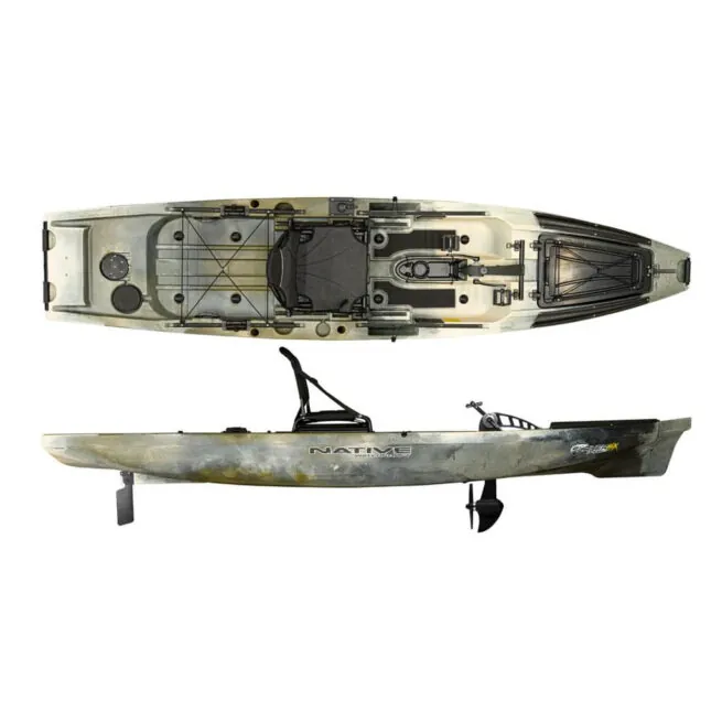 Split view top and side of the Native Watercraft Slayer Max 12.5 in gator hidden oak fishing kayak. Riverbound Sports Paddle Company