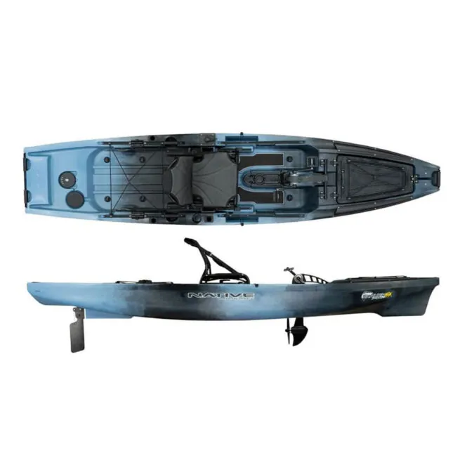 Split view top and side of the Native Watercraft Slayer Max 12.5 in gator wavestrike fishing kayak. Riverbound Sports Paddle Company