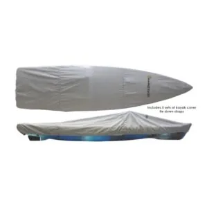 Kayak covers with tie-down straps shown.