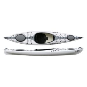 White Stellar touring kayak with a grey stripe on a white background. Available at Riverbound Sports in Tempe, Arizona.