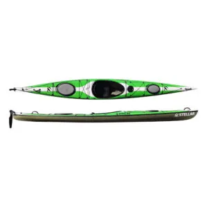 Green with white stripe Stellar S16LV kayak on white background. Available at Riverbound Sports in Tempe, Arizona.