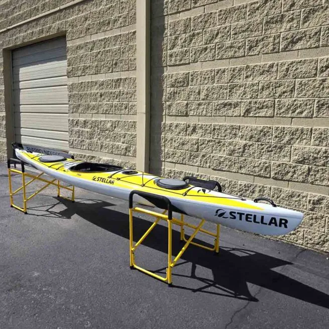 Yellow with white stripe Stellar S16LV Touring Kayak. Available at Riverbound Sports in Tempe, Arizona.