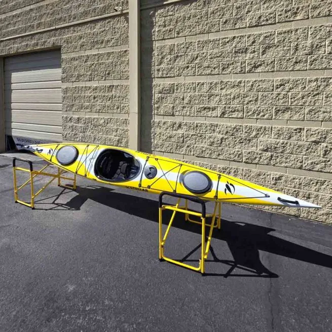 Yellow with white stripe Stellar S16LV Touring Kayak. Available at Riverbound Sports in Tempe, Arizona.