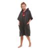 Woman modeling gray Red Paddle Co hooded quick dry changing robe with red accents front angled view. Available at Riverbound Sports in Tempe, Arizona.