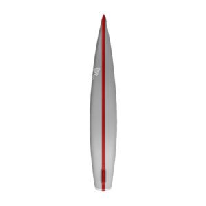 Top-down view of a gray and red Starboard Sprint Inflatable racing paddleboard.