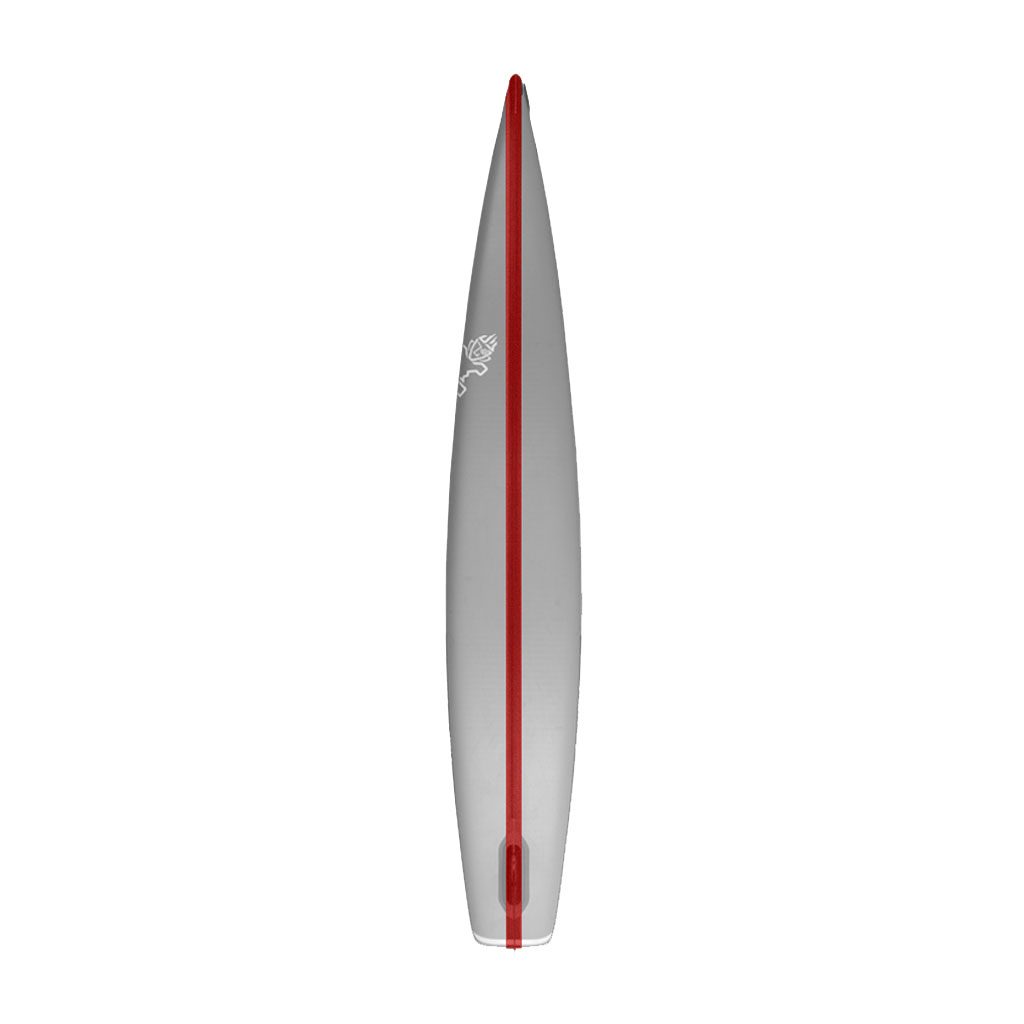 Top-down view of a gray and red Starboard Sprint Inflatable racing paddleboard.