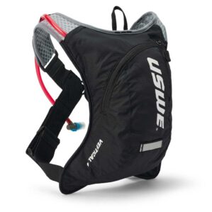 Black USWE Vertical 4L hydration backpack isolated on white background. Available at Riverbound Sports in Tempe, Arizona.