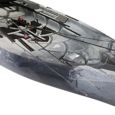 Close-up of a grey fishing kayak with gear