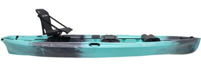 Blue fishing kayak with elevated seat and footrests