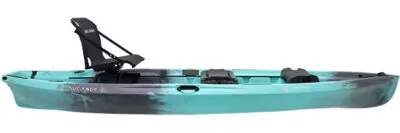 Blue fishing kayak with elevated seat and footrests