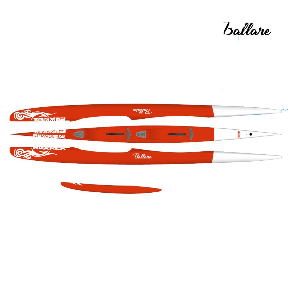 Puakea Outrigger Ballare OC2 in red and white legend. Available at Riverbound Sports.
