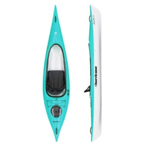 Top and side views of aqua & white Hurricane Santee 116 Sport kayak at Riverbound Sports