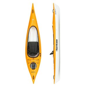 Top and side views of mango & white Hurricane Santee 116 Sport kayak at Riverbound Sports