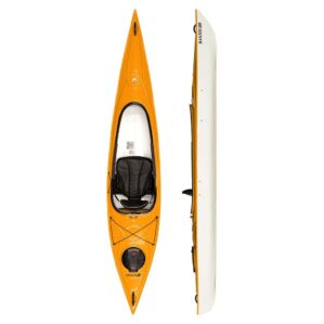 Top and side views of mango & white Hurricane Santee 126 Sport kayak at Riverbound Sports