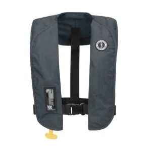 Grey Mustng MIT 100 inflatable life jacket with front buckle and inspection window at Riverbound Sports