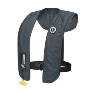 Grey Mustng MIT 100 inflatable life jacket with front buckle and inspection window at Riverbound Sports