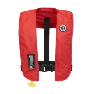 Red Mustng MIT 100 inflatable life jacket with front buckle and inspection window at Riverbound Sports
