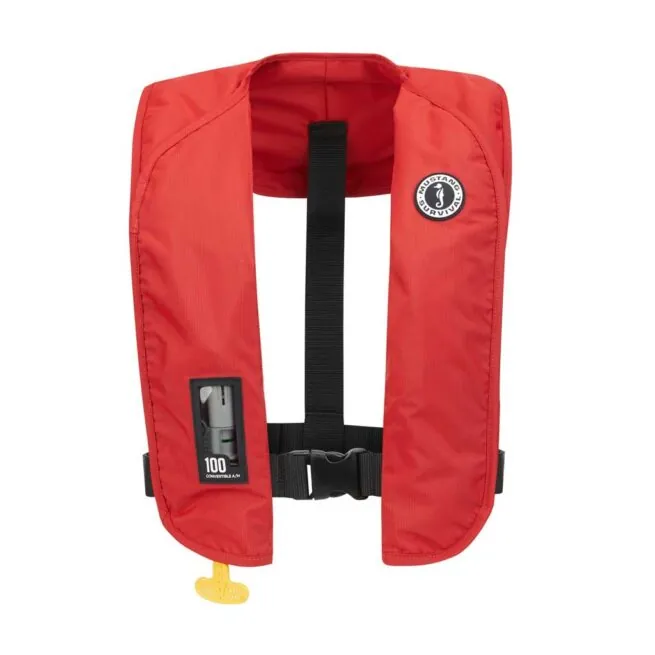 Red Mustng MIT 100 inflatable life jacket with front buckle and inspection window at Riverbound Sports