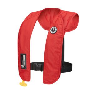 Red Mustng MIT 100 inflatable life jacket with front buckle and inspection window at Riverbound Sports