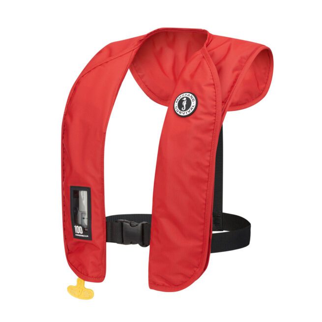 Red Mustng MIT 100 inflatable life jacket with front buckle and inspection window at Riverbound Sports