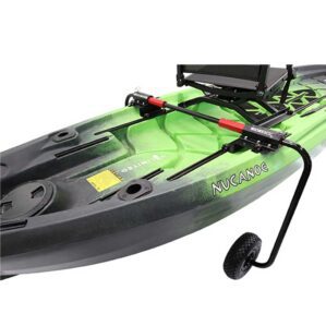 NuCanoe Side Kicks mounted on a green NuCanoe kayak are available at Riverbound Sports.